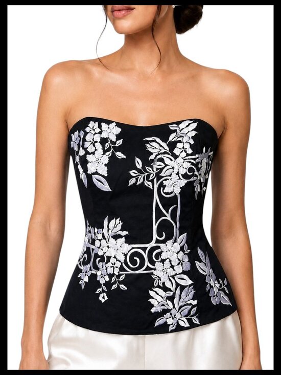 White House Black Market Tops - White House Black Market Bustier Top Black White Strapless Embroidered S 6